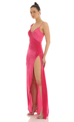 Tomia Asymmetrical Velvet Maxi Dress in Pink