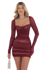 Mesh Long Sleeve Bodycon Dress in Maroon