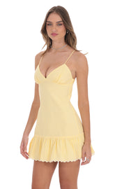 Pinstriped Scallop Ruffle Dress in Yellow