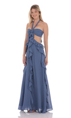 Chiffon Cutout Ruffle Maxi Dress in Blue