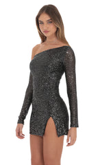Silver Sequin One Off Shoulder Bodycon Dress in Black