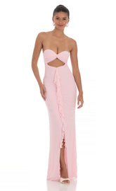Mesh Cutout Ruffle Maxi Dress in Pink