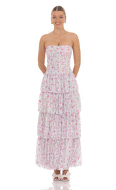 Floral Lace Ruched Ruffle Maxi Dress in White