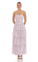 Floral Lace Ruched Ruffle Maxi Dress in White