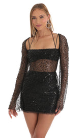 Sequin Long Sleeve Dress in Black