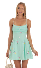 Draped A-Line Dress in Mint Floral Print