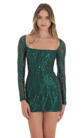 Sequin Long Sleeve Dress in Green