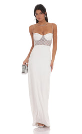 Shimmer Lace Cutout Maxi Dress in White