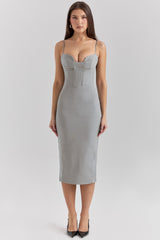 light grey mesh panelled bodycon midi dress