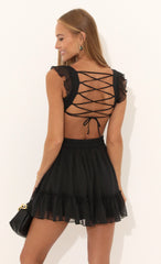 Chiffon Striped Ruffle Dress in Black