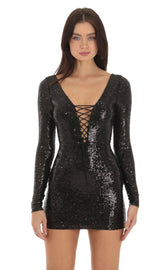 Sequin Plunge Neck Dress in Black