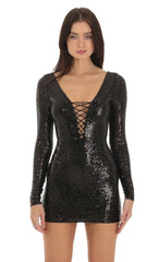 Sequin Plunge Neck Dress in Black