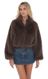 Faux Fur Bomber Jacket in Espresso