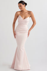 blush satin strapless gown