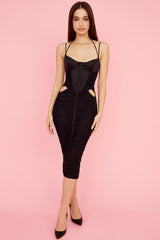 black ruched midi dress