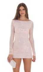 Sequin High Neck Open Back Dress in Pink