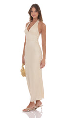 Crinkle Shimmer V-Neck Maxi Dress in Champagne