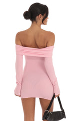 Twist Ribbed Off Shoulder Sweater Dress in Pink