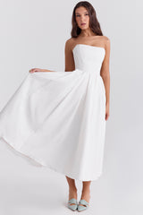 white strapless midi sundress