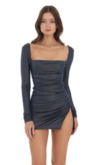 Long Sleeve Shimmer Side Slit Dress in Navy