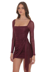 Foil Mesh Long Sleeve Tassel Dress in Burgundy
