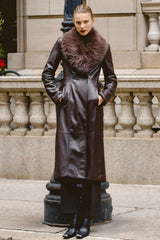 brown faux fur trimmed vegan leather coat
