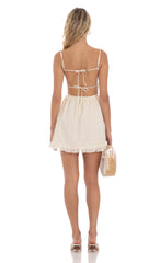 Ruched Floral Open Back Dress in Cream