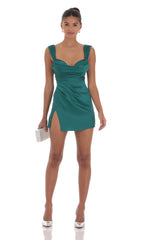 Cowl Neck Satin Slit Dress in Teal