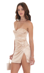 Strapless Satin Ruched Slit Dress in Champagne