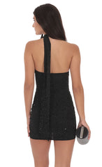 Scarf Halter Rhinestone Dress in Black