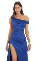 Satin Off Shoulder Maxi Dress in Blue