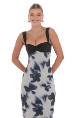 Mesh Two Toned Maxi Dress in Lilly Print