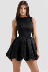 black backless embroidered mini puffball dress