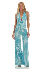 Drape Open Back Jumpsuit in Blue Swirl
