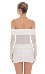Rhinestone Mesh Off Shoulder Dress in White