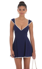 Embroidered Trim Cap Sleeve Dress in Navy