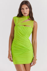 neon green gathered mini dress