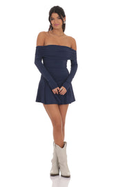 Off Shoulder Ruched Flare Dress in Navy