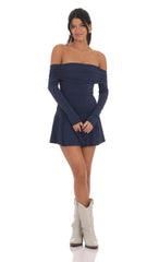 Off Shoulder Ruched Flare Dress in Navy