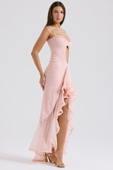 soft peach ruffled front gown