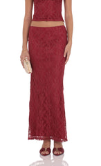 Gold Thread Lace Maxi Skirt in Burgundy