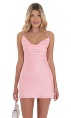 Satin Rhinestone Cowl Neck Dress in Pink