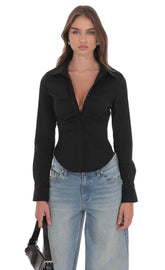 Ruched Button-Up Shirt in Black