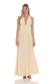 Halter Ruched Cinched Maxi Dress in Beige