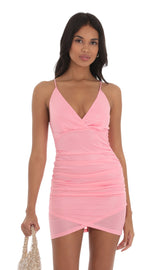 Shimmer Ruched Cross-Back Dress in Pink