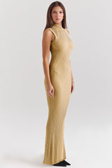 gold metallic ribbed maxi dress