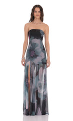 Foral Mesh Strapless Maxi Dress in Navy