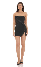 Flower Ruffle Slit Dress in Black