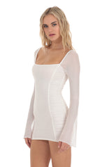 Shimmer Mesh Ruched Bodycon Dress in White