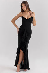 black mesh ruffled front gown